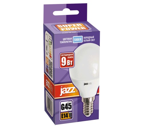 Лампа светодиодная Jazzway PLED-SP 9Вт цок.:E14 шар 220B 5000K св.свеч.бел.хол. G45 (упак.:10шт) (2859600A)
