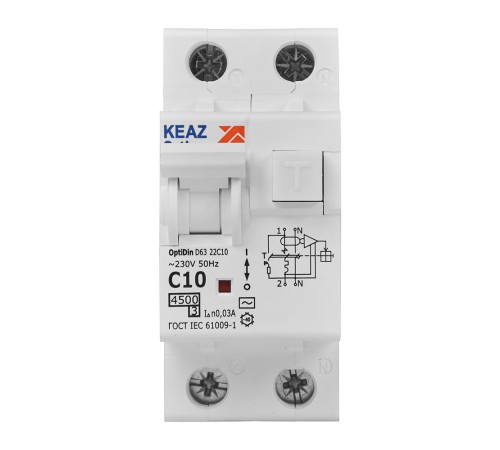 Выключатель автоматический дифференциального тока 2п с защитой от сверхтоков OptiDin D63-22C10-AC-У3 C10 30мА 4.5кА КЭАЗ 328097