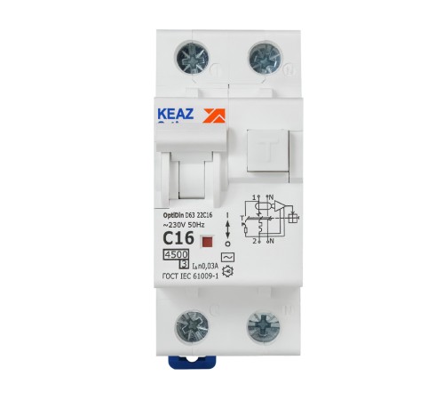 Выключатель автоматический дифференциального тока 2п с защитой от сверхтоков OptiDin D63-22C16-AC-У3 C16 30мА 4.5кА КЭАЗ 328098