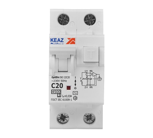 Выключатель автоматический дифференциального тока 2п с защитой от сверхтоков OptiDin D63-22C20-AC-У3 C20 30мА 4.5кА КЭАЗ 328099