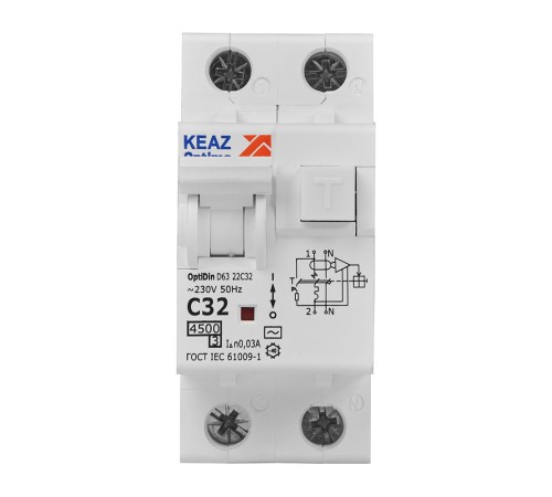 Выключатель автоматический дифференциального тока 2п с защитой от сверхтоков OptiDin D63-22C32-AC-У3 C32 30мА 4.5кА КЭАЗ 328101