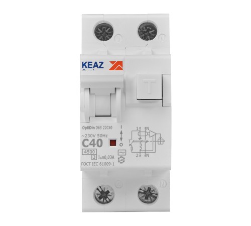 Выключатель автоматический дифференциального тока 2п с защитой от сверхтоков OptiDin D63-22C40-AC-У3 C40 30мА 4.5кА КЭАЗ 328102