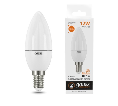 GAUSS 33112 Светодиодная лампа LED Elementary Свеча 12W 880lm E14 3000K GAUSS 33112 Светодиодная лампа LED Elementary Свеча 12W 880lm E14 3000K