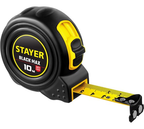 Рулетка STAYER BlackMax 10м / 25мм в ударостойком полностью обрезиненном корпусе и двумя фиксаторами Рулетка STAYER BlackMax 10м / 25мм в ударостойком полностью обрезиненном корпусе и двумя фиксаторами