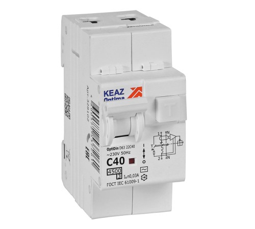 Выключатель автоматический дифференциального тока 2п с защитой от сверхтоков OptiDin D63-22C40-AC-У3 C40 30мА 4.5кА КЭАЗ 328102