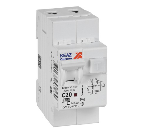 Выключатель автоматический дифференциального тока 2п с защитой от сверхтоков OptiDin D63-22C20-AC-У3 C20 30мА 4.5кА КЭАЗ 328099