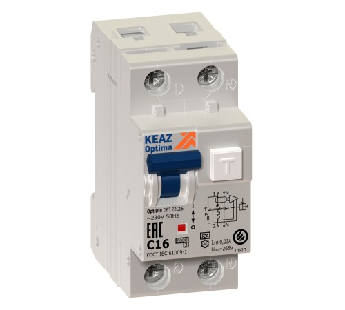 Выключатель автоматический дифференциальный OptiDin D63-22C32-A-УХЛ4 2п 32А C 30мА тип A | 103510 | КЭАЗ