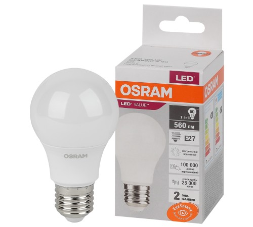 Лампа светодиодная LED 7 Вт E27 4000К 560Лм груша 220 В (замена 60Вт) OSRAM