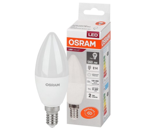 Лампа светодиодная LED 7 Вт E14 4000К 560Лм свеча 220 В (замена 60Вт) OSRAM