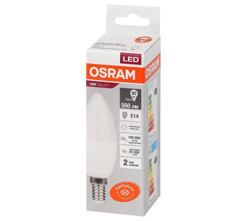 Лампа светодиодная LED 7 Вт E14 4000К 560Лм свеча 220 В (замена 60Вт) OSRAM