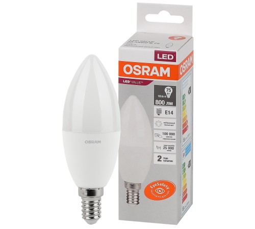 Лампа светодиодная LED 10 Вт E14 4000К 800Лм свеча 220 В (замена 75Вт) OSRAM