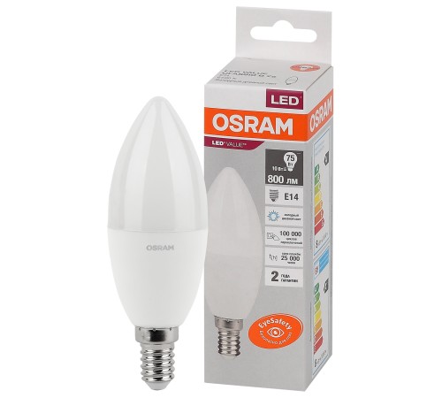Лампа светодиодная LED 10 Вт E14 6500К 800Лм свеча 220 В (замена 75Вт) OSRAM