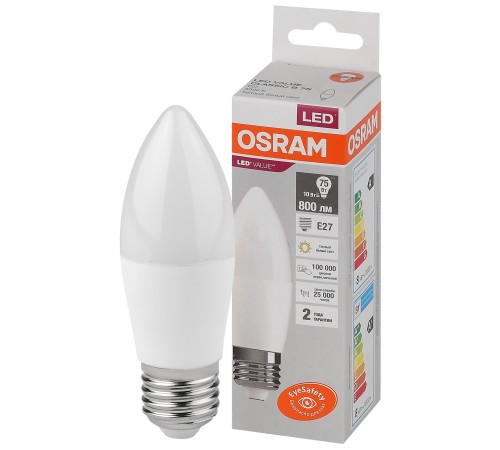 Лампа светодиодная LED 10 Вт E27 3000К 800Лм свеча 220 В (замена 75Вт) OSRAM