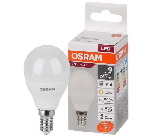 Лампа светодиодная LED 7 Вт E14 3000К 560Лм шарик 220 В (замена 60Вт) OSRAM