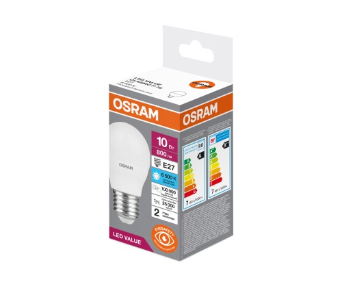 Лампа светодиодная LED 10 Вт E27 6500К 800Лм шарик 220 В (замена 75Вт) OSRAM