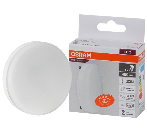 Лампа светодиодная LED 6 Вт GX53 4000К 480Лм таблетка 220 В (замена 50Вт) OSRAM