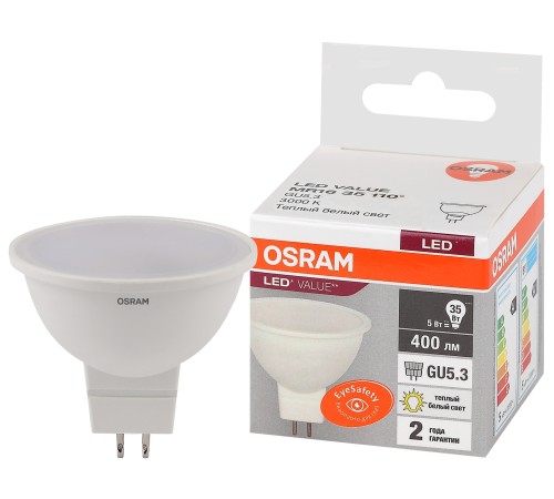 Лампа светодиодная LED 5 Вт GU5.3 3000К 400Лм спот 220 В (замена 35Вт) OSRAM