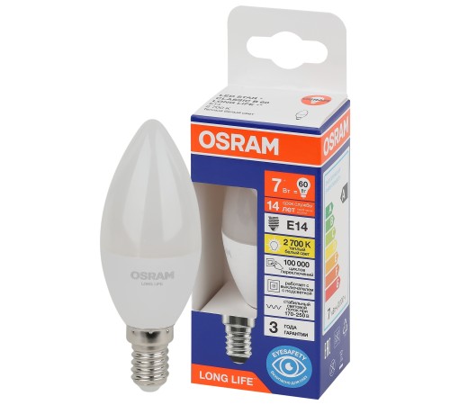 Лампа светодиодная LED 7Вт Е14 2700К 600Лм свеча 220В (замена 60Вт) OSRAM