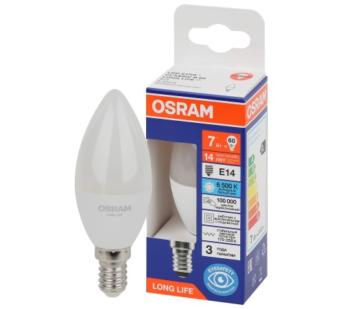 Лампа светодиодная LED 7Вт Е14 6500К 600Лм свеча 220В (замена 60Вт) OSRAM