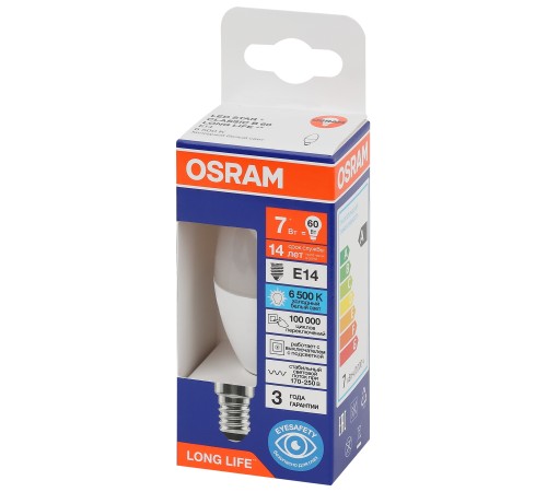 Лампа светодиодная LED 7Вт Е14 6500К 600Лм свеча 220В (замена 60Вт) OSRAM