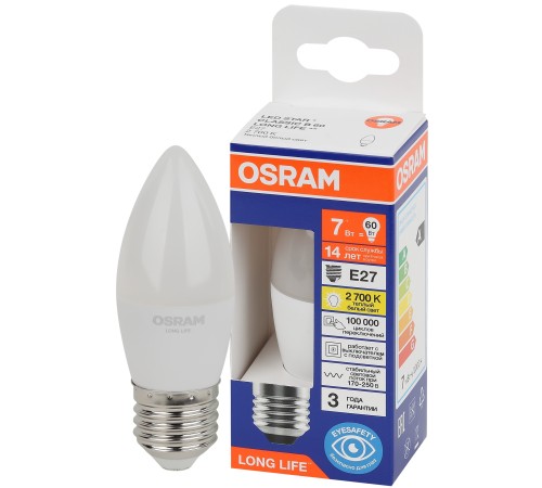 Лампа светодиодная LED 7Вт Е27 2700К 600Лм свеча 220В (замена 60Вт) OSRAM