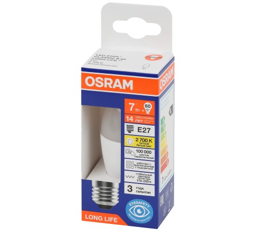 Лампа светодиодная LED 7Вт Е27 2700К 600Лм свеча 220В (замена 60Вт) OSRAM