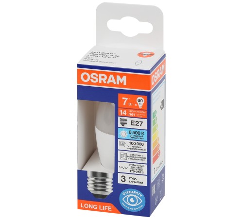 Лампа светодиодная LED 7Вт Е27 6500К 600Лм свеча 220В (замена 60Вт) OSRAM