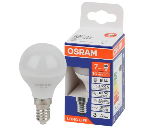 Лампа светодиодная LED 7Вт Е14 4000К 600Лм шар 220В (замена 60Вт) OSRAM