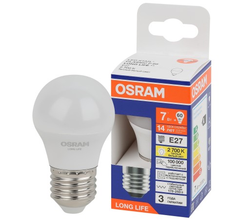 Лампа светодиодная LED 7Вт Е27 2700К 600Лм шар 220В (замена 60Вт) OSRAM
