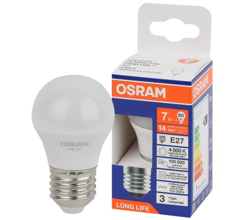 Лампа светодиодная LED 7Вт Е27 4000К 600Лм шар 220В (замена 60Вт) OSRAM