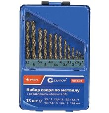 Набор сверл по металлу с кобальтом 5% в металлической коробке, 1.5-6.5 мм (через 0.5мм + 3.2мм, 4.8мм), 13 шт, Cutop Profi