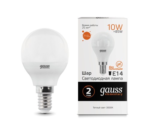 GAUSS 53110 Светодиодная лампа LED Elementary Шар 10W E14 880lm 3000K 1/10/100 0