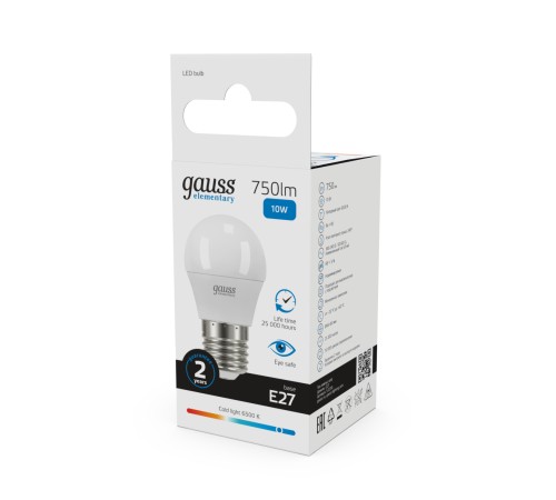 Лампа светодиодная LED 10 Вт 750 лм 6500К AC180-240В E27 шар P45 холодная Elementary