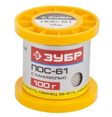 ЗУБР Припой, ПОС 61, трубка с канифолью, 100г, 1мм [55450-100-10C]