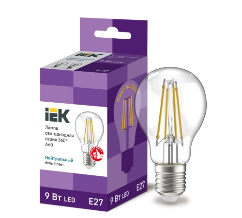 Iek LLF-A60-9-230-40-E27-CL Лампа LED A60 шар прозр. 9Вт 230В 4000К E27 серия 360° Iek LLF-A60-9-230-40-E27-CL Лампа LED A60 шар прозр. 9Вт 230В 4000К E27 серия 360°