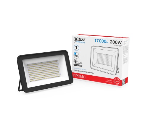 Прожектор светодиодный LED ДО-200 Вт 17000 Лм 6500К IP65 333х269х76 мм Elementary Gauss Gauss 613100200P Прожектор светодиодный LED ДО-200 Вт 17000 Лм 6500К IP65 333х269х76 мм Elementary Gauss Gauss 613100200P