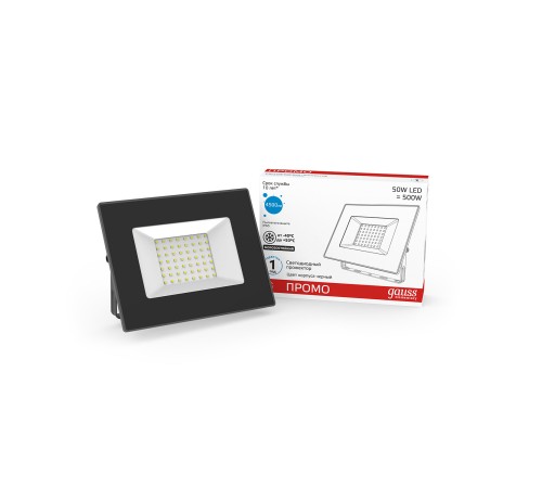 GAUSS 613100350P Прожектор светодиодный ДО-50Вт 4500 Лм 6500К IP65 200-240 В PROMO черный LED Elementary