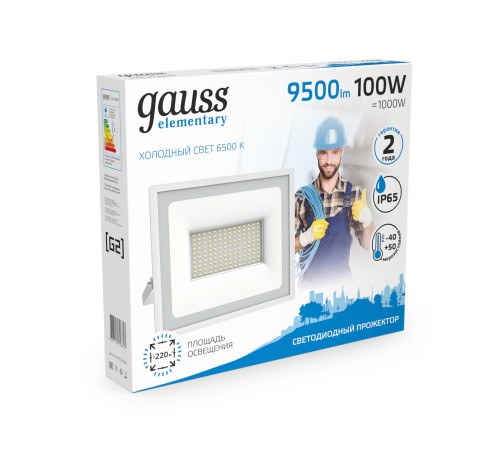 Прожектор светодиодный LED ДО 100 Вт 9500 Лм 6500К IP65 255х33х213 мм Elementary Gauss Gauss 613120300 Прожектор светодиодный LED ДО 100 Вт 9500 Лм 6500К IP65 255х33х213 мм Elementary Gauss Gauss 613120300