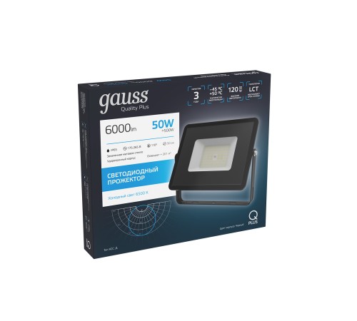 Прожектор светодиодный LED ДО 50 Вт 6000 Лм 6500К IP65 223х28х188 мм Qplus Gauss Gauss 613511350