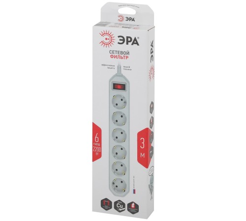 Эра Б0037262 Сетевой фильтр USF-6es-3m-W-BOX базовая защита, с/з, с выкл, 6гн, 3м, ПВС, 10А, белый Эра Б0037262 Сетевой фильтр USF-6es-3m-W-BOX базовая защита, с/з, с выкл, 6гн, 3м, ПВС, 10А, белый