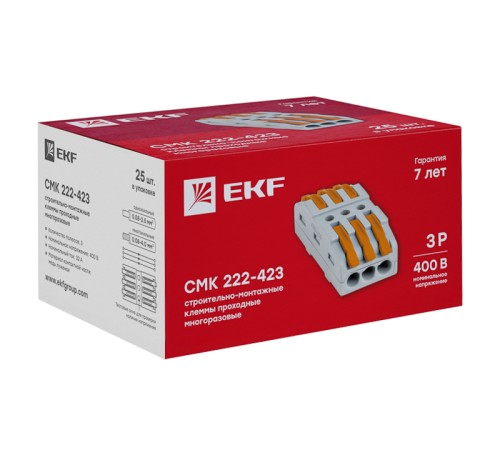 EKF plc-smk-423 Строительно-монтажная клемма СМК 222-423 проходная 3 полюса 0,08-4мм2 (25шт.)