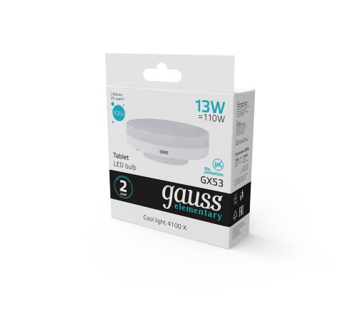 GAUSS 83823 Светодиодная лампа LED Elementary GX53 13W 920lm 4100K 1/10/100 0 GAUSS 83823 Светодиодная лампа LED Elementary GX53 13W 920lm 4100K 1/10/100 0