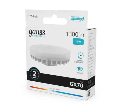 Лампа светодиодная LED 14 Вт 1300 лм 4100К AC180-240В GX70 таблетка нейтральный Elementary Gauss Лампа светодиодная LED 14 Вт 1300 лм 4100К AC180-240В GX70 таблетка нейтральный Elementary Gauss