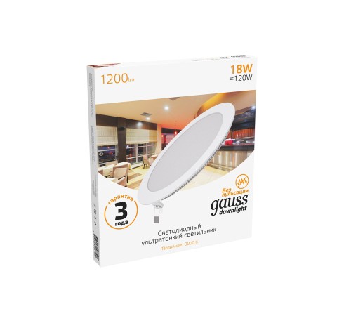 Светильник светодиодный встраиаемый LED ДВО 18 Вт 1200 Лм 3000К IP20 d225х22 мм монт d210 мм Slim Gauss Gauss 939111118