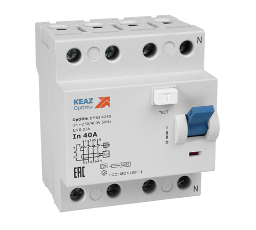 КЭАЗ ВДТ без защиты от сверхтоков OptiDin DМ63-4240-AС-УХЛ4 (4P, 40, 30mA)