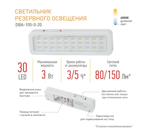 Светильник светодиодный аварийный постоянный DBA-105-0-20 30LED 5ч IP20 (40/1600) ЭРА Б0044398