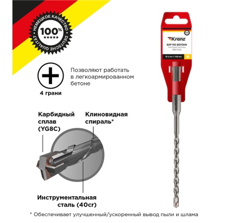 Бур по бетону 6x160x100 мм крестовая пластина SDS PLUS Kranz