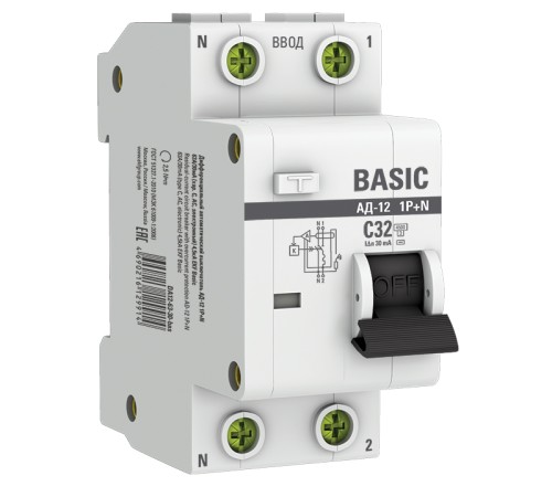 EKF DA12-32-30-bas Дифференциальный автомат 1P+N 32А 30мА тип АС х-ка C эл. 4,5кА АД-12 EKF Basic
