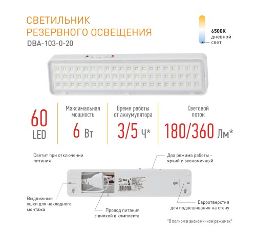 Светильник светодиодный аварийный непостоянный DBA-103-0-20 60LED 5ч IP20 (40/1600) ЭРА Б0044396