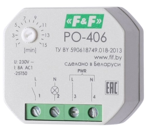 Реле времени PO-406 (задержка выкл. /управ. контактом 230В 8А 1НО IP20 монтаж в коробку d-60мм) F&F EA02.001.019